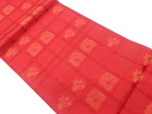 格子に角倉文・笹蔓緞子模様織出し袋帯